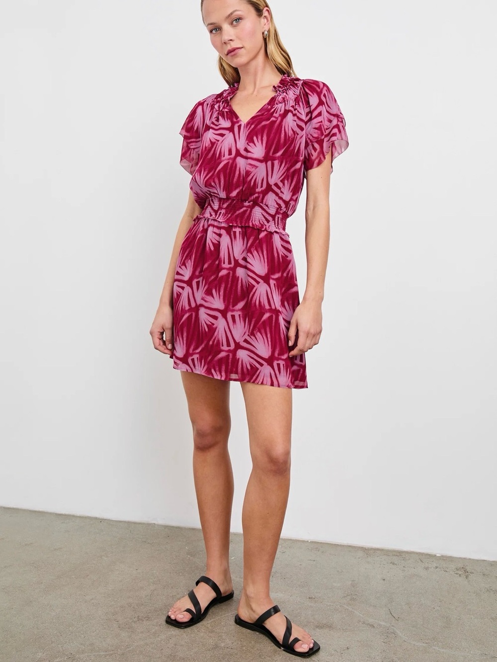 Rails Terrin Dress Bahia Print Mini-Dress Smocked Waist, Berry Pink